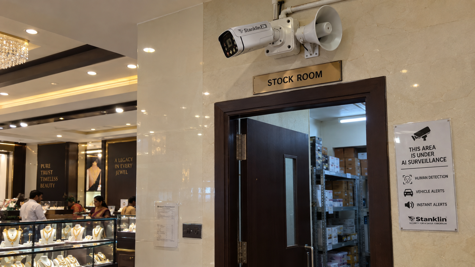 AI camera and siren speaker covering a showroom stock room door