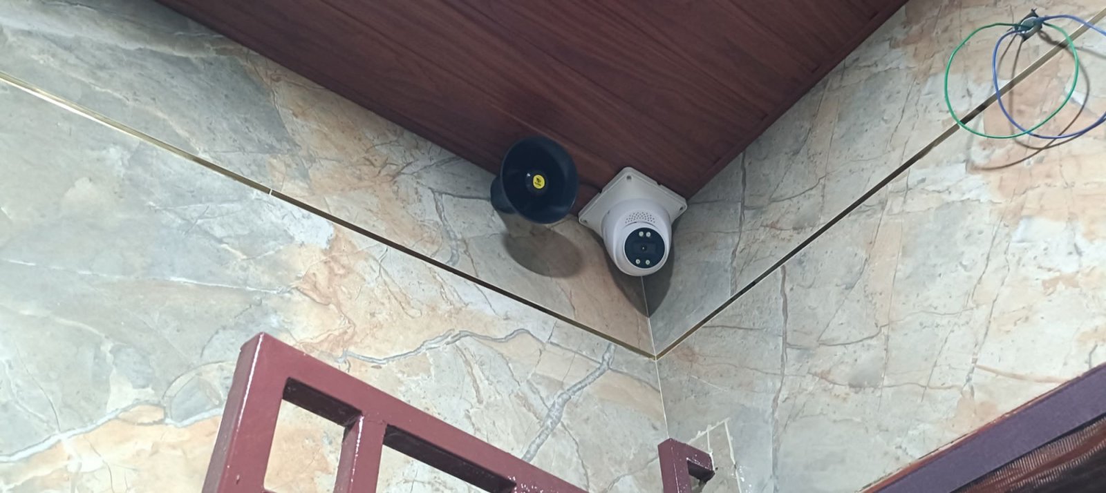 Indoor dome camera with a siren speaker fixed in a room corner